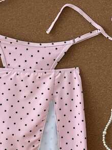 Swim Mod Women's Summer Beach Polka Dot Halter Tie Sexy Bikini Set With Matching Skirt 2 Pieces Set Swimwear - Pink - View 9