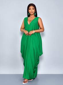 SOLERSUN Vestido midi plisado de envoltura holgada con cuello en V profundo sin mangas de lino de algodón sintético de unicolor para mujeres de talla grande. Un vestido versátil y elegante, adecuado para el uso diario, vacaciones en la playa, el Día de San Patricio, Pascua, festivales de música, fiestas, citas, temporada de bodas, estilo callejero, estilo bohemio, noble y elegante, moderno. - Verde - Ver 5