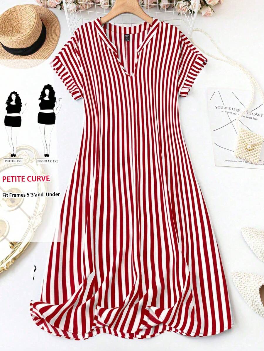 SHEIN PETITE CURVE Vestido listrado feminino tamanho grande, descontraído e versátil. - Multicolorido - Ver 1