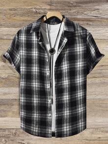 Manfinity Homme Kemeja Pria Kasual Motif Kotak-kotak Kancing Depan Lengan Pendek, Musim Panas - Hitam dan Putih - View 3