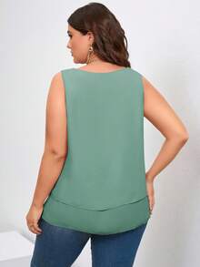 SHEIN Clasi Plus Size Solid Color V-Neck Layered Sleeveless Elegant Blouse - Mint Green - View 2