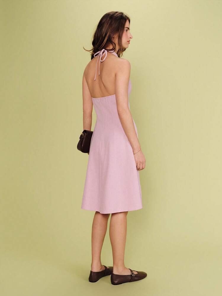 Pink Midi Halterneck Dress With An Open Back And V-Neckline Spring Summer French Style Parisian Style Holiday Dress Resort Outfit Date Night Dress