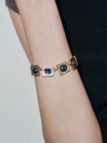 Noxbound Vintage Old Money Wind Square Oval Sapphire Bracelet Court Premium Sense,Minimalist/Vintage/Elegant,For Mom/Women/Girl/Mother,Summer/Beach/Prom/Part/Vacation/Travel,BOHEMIAN/Modern/Chic,Daily Wear/Work Day - Ancient gold - View 1