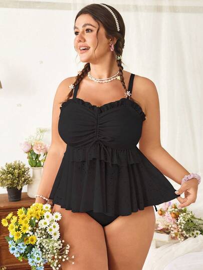 Swim Mod 大码两件套纯色荷叶边前抽绳露背休闲简约大码泳衣