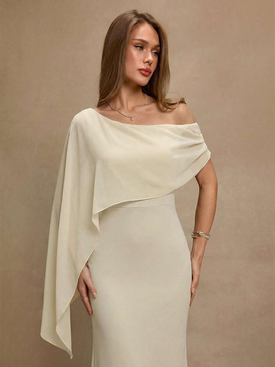 SHEIN BAE Đầm suông màu nâu trơn thanh lịch, trễ vai, dáng ôm, thích hợp cho tiệc sinh nhật, tiệc chiêu đãi, các sự kiện tụ họp, mặc nhiều lớp vào mùa thu/đông, Halloween, Giáng sinh, đầm sang trọng. - Màu be - Xem 1