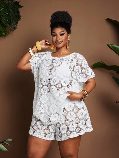 Maweii Plus Size French Lace Trim Round Neck Top With Flared A-Line Hem & Crochet Shorts 2 Pieces Set