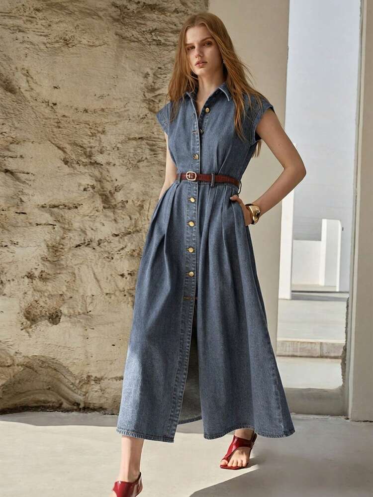 WOMEN'S CASUAL COMMUTER PLEATED WAIST DENIM DRESS, WITHOUT BELT, SPRING/SUMMER