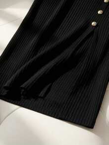 Franclia 女士休闲优雅珍珠点缀圆领无袖长连衣裙，开衩设计，饰有装饰纽扣，针织面料，适合日常穿着/度假/约会/办公/教师等场合。 - 黑色 - 查看 7