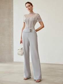 MOTF PREMIUM GLITTER THREAD KNIT SHORT SLEEVE FITTED TOP FOR WOMEN - Silver - View 4