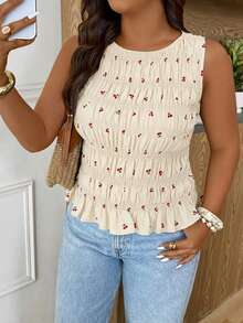 SHEIN Frenchy Kamisol Modis Berenda Motif Ceri untuk Liburan Wanita Ukuran Plus - Aprikot - View 4