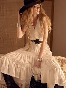 MOTF STUDIO WOMEN'S LONG TENCEL LINEN EMBROIDERED DRESS WITH BELT, SPRING/SUMMER - Ivory White - View 4