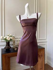 SHEIN EZwear Women Elegant Dark Brown Summer Party Dress,Solid Cami Spaghetti Strap Bodycon Mini Dress,High Quality Strappy Tube One Piece Dress - Chocolate Brown - View 4