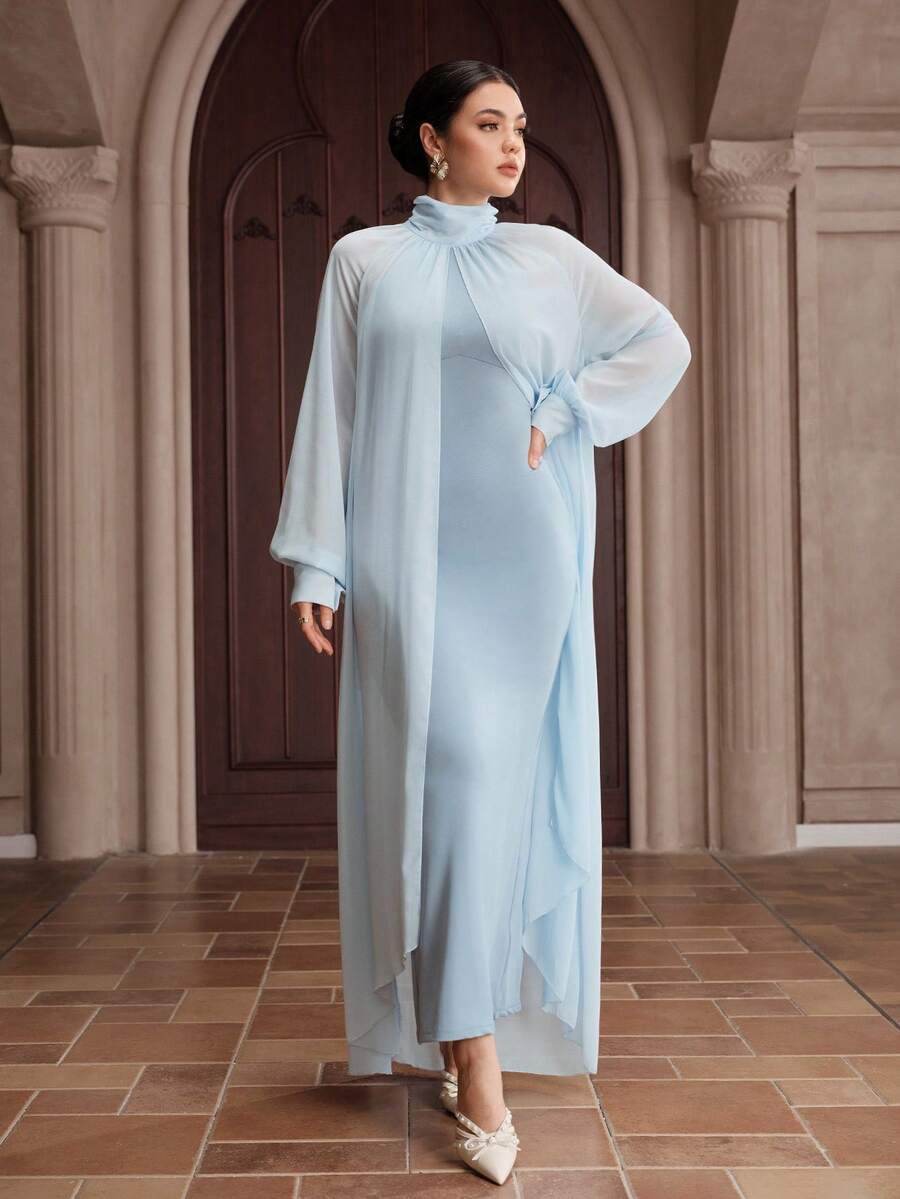 Graceveil Women's Elegant Luxurious Flowing Chiffon Pleated Collar Double-Layer Dress For Party - Baby Blue - View 1