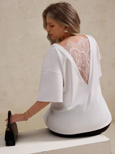 Elegantrix Plus Size Women's Elegant V-Neck Lace Patchwork Loose Short Sleeve T-Shirt, Suitable For Casual Outings, Dates And Daily Wear, Spring/Summer