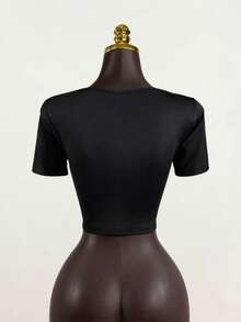 SaltGleam SaltGleam Áo thun crop top nữ gợi cảm phối ren, khoét lỗ, thích hợp cho mùa hè. - màu đen - Xem 2