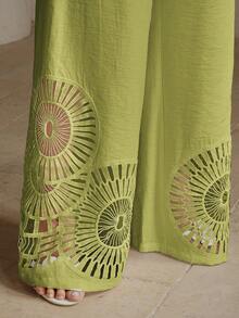 Anewsta Solid Color Hollow Embroidered Shirt Pants Set Vacation Olive Green Autumn Tropical - Green - View 4