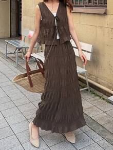 FRIFUL 女士夏季休闲日常纯色荷叶边系带上衣和迷你裙两件套家居服套装 - 咖啡棕 - 查看 2