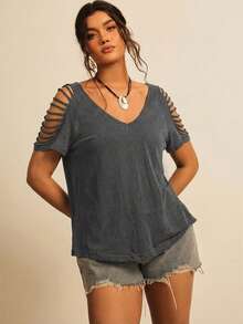 Freevana Kaos Kasual Lengan Pendek Raglan Rajut untuk Wanita Ukuran Besar - Grey - View 3