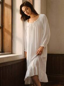 Bisouelle Spring/Autumn Women Princess Style Sweet Long Sleeve Solid Color Sleepwear, Can Be Worn Outdoors, Fall, Winterfor Summer - White - View 10