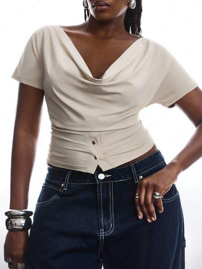 Solflare Plus Size Women's Solid Color Draped Neck Short Sleeve Button Design Casual T-Shirt