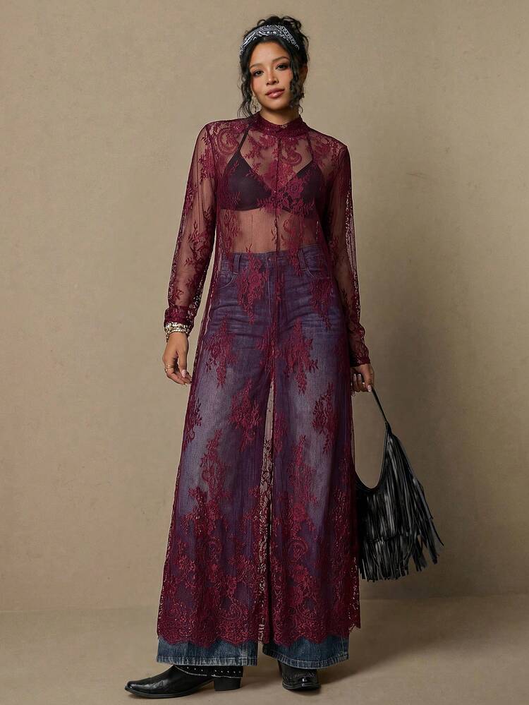 vintage burgundy lace dress Burgundy Vintage Beaded Lace Midi Dress by N/a