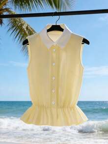 SHEIN LUNE 2026 New French Elegant White And Yellow Summer Top,Women's Shirt Collar With Gathered Hem,Vacation Holiday Stylish Commute Office Wear Casual Shirts - Light Yellow - View 7