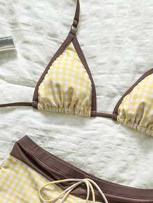 Swim Mod Đồ bơi nữ họa tiết kẻ caro, quần bơi ngắn gợi cảm, bikini, đồ bơi màu nâu cho nữ, trang phục dự tiệc Valentine, năm mới, kỳ nghỉ, đồ bơi mùa xuân và mùa hè. - Màu vàng - Xem 8