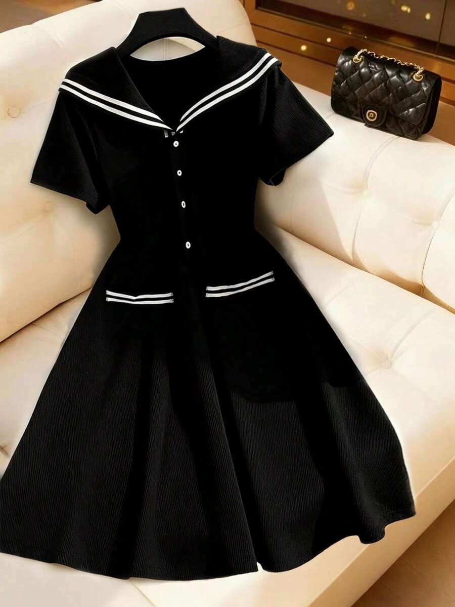 GlowEve CURVE 女士针织短袖学院风收腰时尚百搭黑白拼接迷你连衣裙 - 黑色 - 查看 1