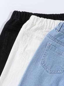 SHEIN 3件組少女寬腿牛仔褲，藍色開學款，黑色水洗白色牛仔褲，鬆緊腰寬鬆版型，星星裝飾，日常穿搭 - 彩色 - 查看 5