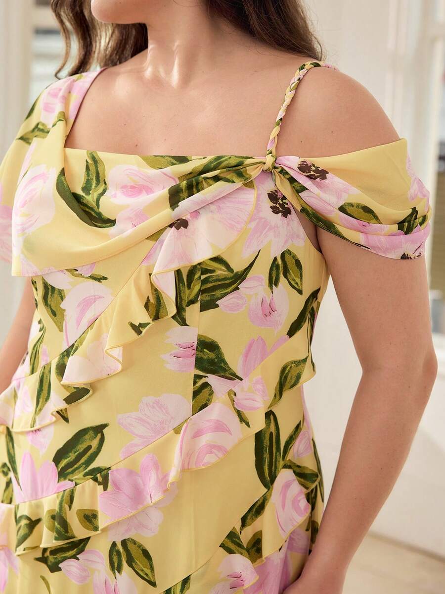 MOTF PREMIUM PLUS SIZE WOMEN FLORAL PRINT RUFFLE HEM DRESS SPRING/SUMMER WEDDING BUTTER YELLOW ELEGANT - Multicolor - View 2