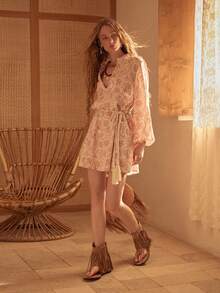 MOTF STUDIO WOMEN'S LINEN PRINTED LOOSE DRESS WITH WOVEN BELT, SUITABLE FOR VACATION, SPRING/SUMMER - Multicolor - View 5