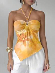 Aloruh Áo hai dây cổ yếm thời trang mùa hè dành cho nữ, họa tiết hoa ly vàng, xếp ly, vạt bất đối xứng, thích hợp mặc đi nghỉ mát, trang phục nghỉ hè, đồ đi nghỉ mát cho nữ. - Màu vàng - Xem 6