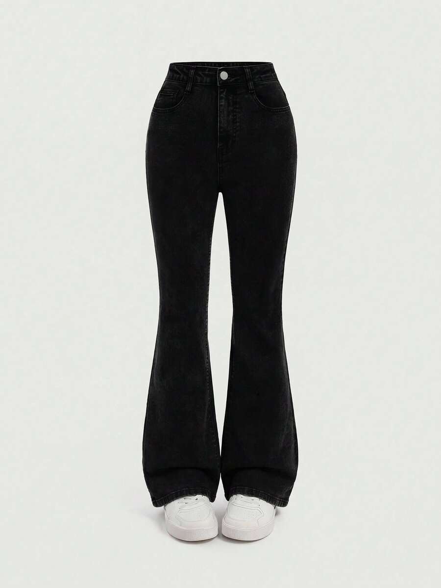 SHEIN Teen Girls' Flared Jeans With Pockets, Casual Everyday Wear, Spring & Autumn - Black - View 1