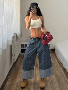 StreetHx Women's Fashion Casual Low Waist Striped Wide Leg Cropped Jeans - Dark Wash - View 1