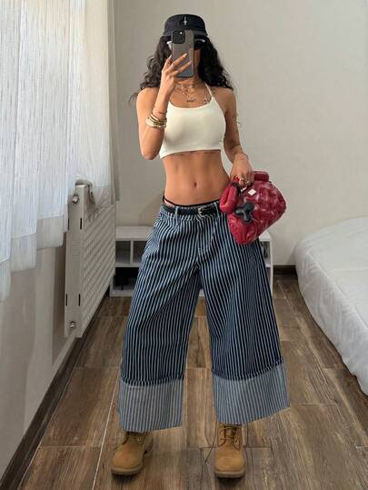 StreetHx 女士时尚休闲低腰条纹阔腿七分牛仔裤