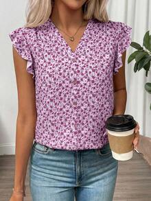 SHEIN Clasi Pink Floral Ruffle Trim Short Sleeve Blouse,Summer Top - Hot Pink - View 5