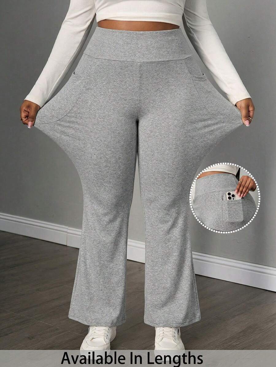 SHEIN PETITE CURVE 大码女装秋冬返校休闲家居服瑜伽舒适户外纯黑色针织弹力腰高腰口袋喇叭裤,带口袋打底裤 - 淺灰色 - 查看 1