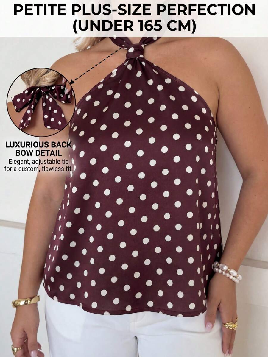 SHEIN PETITE CURVE Blusa estiva senza schienale con stampa a pois marrone per taglie forti, top alla moda senza schienale marrone cioccolato - Caffè Marrone - Visualizzare 1