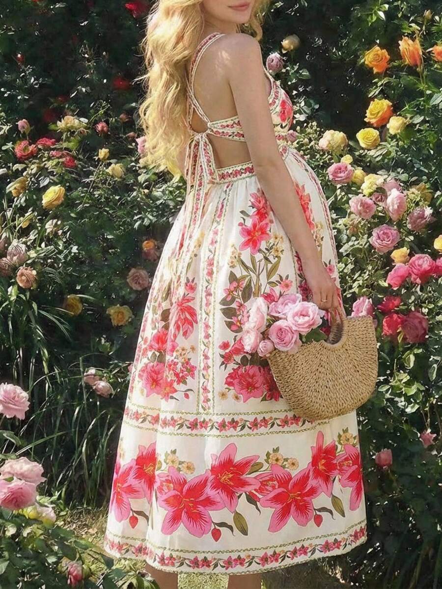 SHEIN Đầm cổ yếm in hoa, thích hợp cho kỳ nghỉ bà bầu. - Nhiều màu - Xem 1