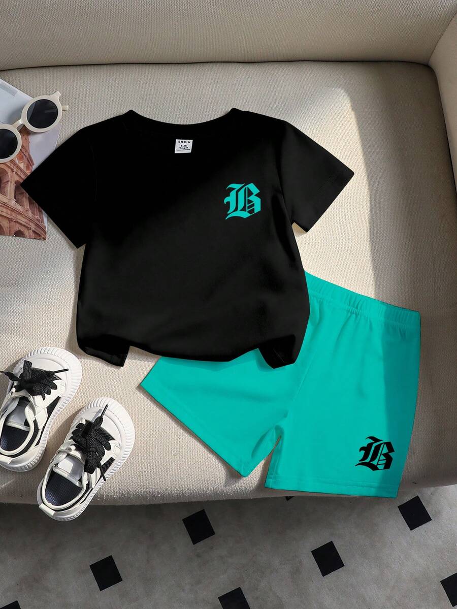 1 Set Baby Boys' Casual Minimalist Letter Print Round Neck Short Sleeve T-Shirt And Matching Shorts Set, Spring To Summer Outfits - Multicolor - View 1