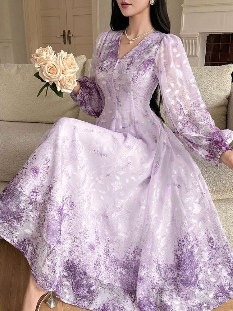 Women's Elegant Floral Petal Sleeve V-Neck Mid-Length Dress, Spring/Summer