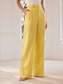 MOTF PREMIUM WOMEN'S YELLOW 100% LINEN SUIT PANTS, SPRING/SUMMER - Yellow - View 4