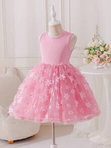 Glamorique Kids Đầm dự tiệc cho bé gái, màu hồng trơn, chất liệu co giãn, kết hợp với chân váy lưới thêu, phù hợp cho mọi mùa. - Hồng - Xem 6