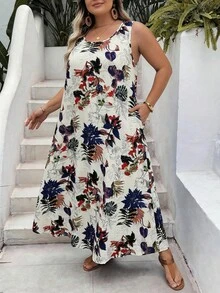 SHEIN CURVE+ Curve 尺码 US22 音乐节、海滨度假、波西米亚风夏季无袖印花白色连衣裙 波西米亚度假 - 彩色 - 查看 4