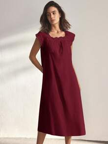 Ocili Váy ngủ nữ 100% cotton mềm mại và thoải mái với bèo nhún và nơ, kiểu dáng thanh lịch. - Màu Đỏ Sâu - Xem 4