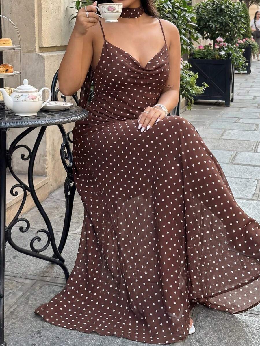 GalTyme 大码女士波点休闲派对吊带裙 - 棕色 - 查看 1