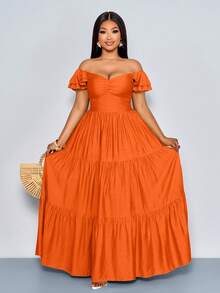 SOLERSUN Vestido maxi elegante de verano para mujer de talla grande, de unicolor, con cuello halter en V, plisado, corte evasé, fluido y elegante, ideal para vacaciones, playa y primavera y verano - Naranja - Ver 3