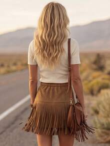 LanaWest Chân váy tua rua kiểu phương Tây mới dành cho nữ - màu nâu - Xem 2