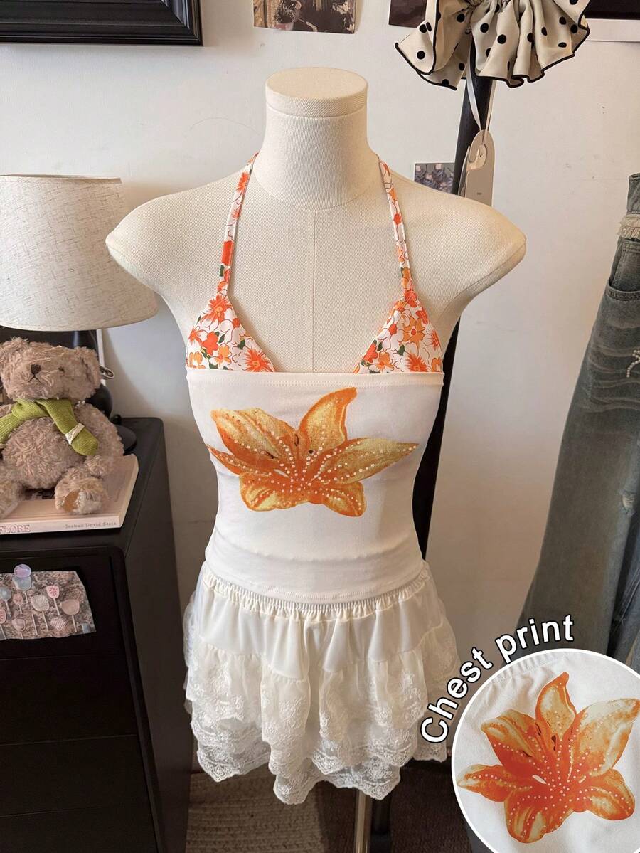 Airaco Women's Summer Vacation Floral Print Backless Sexy Camisole - White - View 1