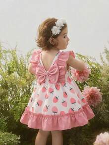 女宝宝夏季新款草莓印花撞色荷叶边蝴蝶结装饰可爱V领连衣裙 - 粉色 - 查看 3